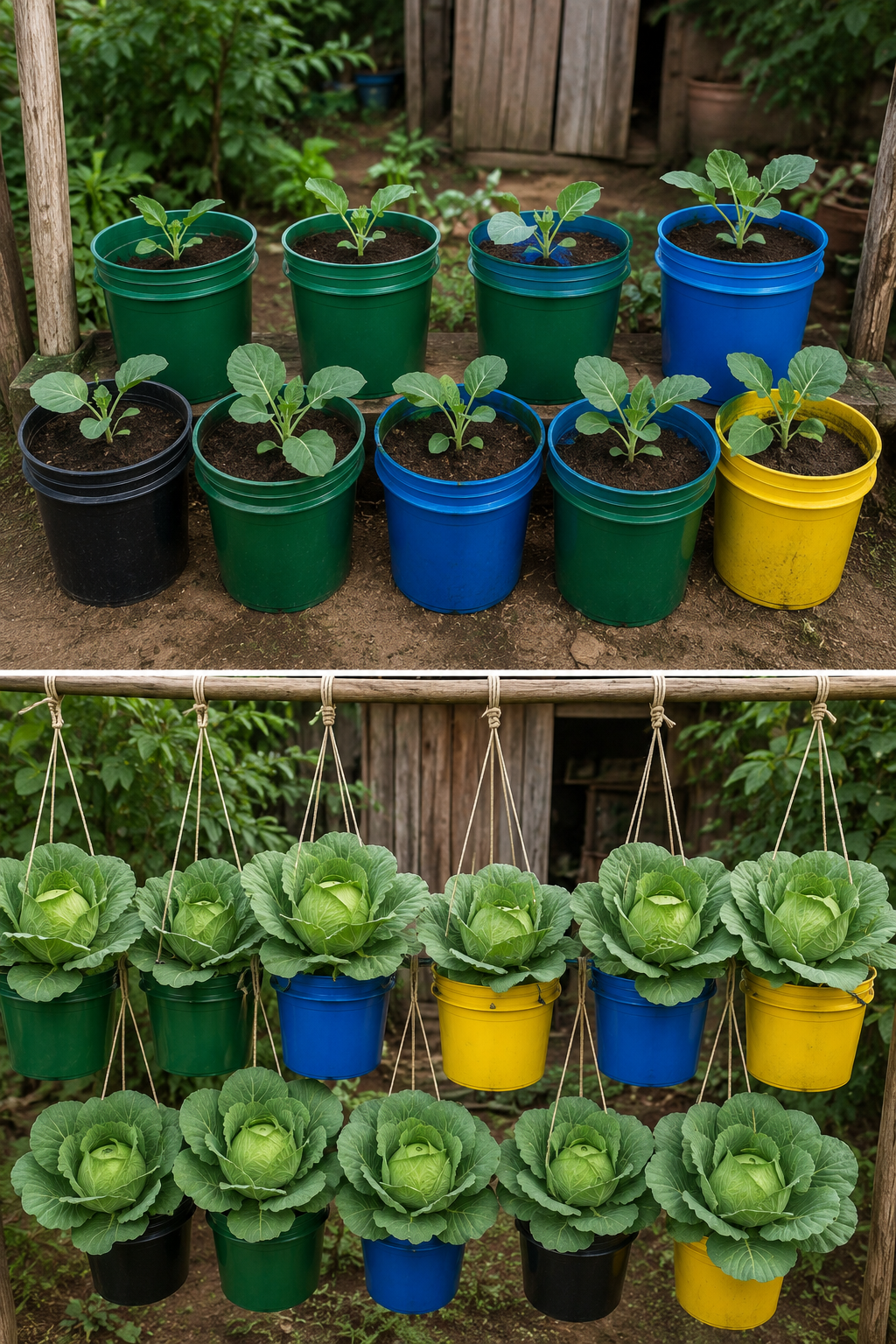El ingenioso truco de los cubos colgantes para cultivar coles enormes en casa