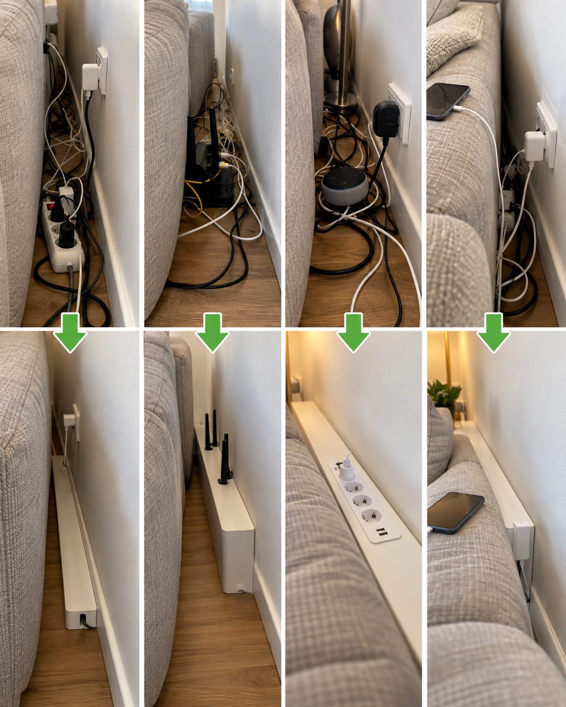 Una solución discreta para organizar cables y enchufes junto al sofá