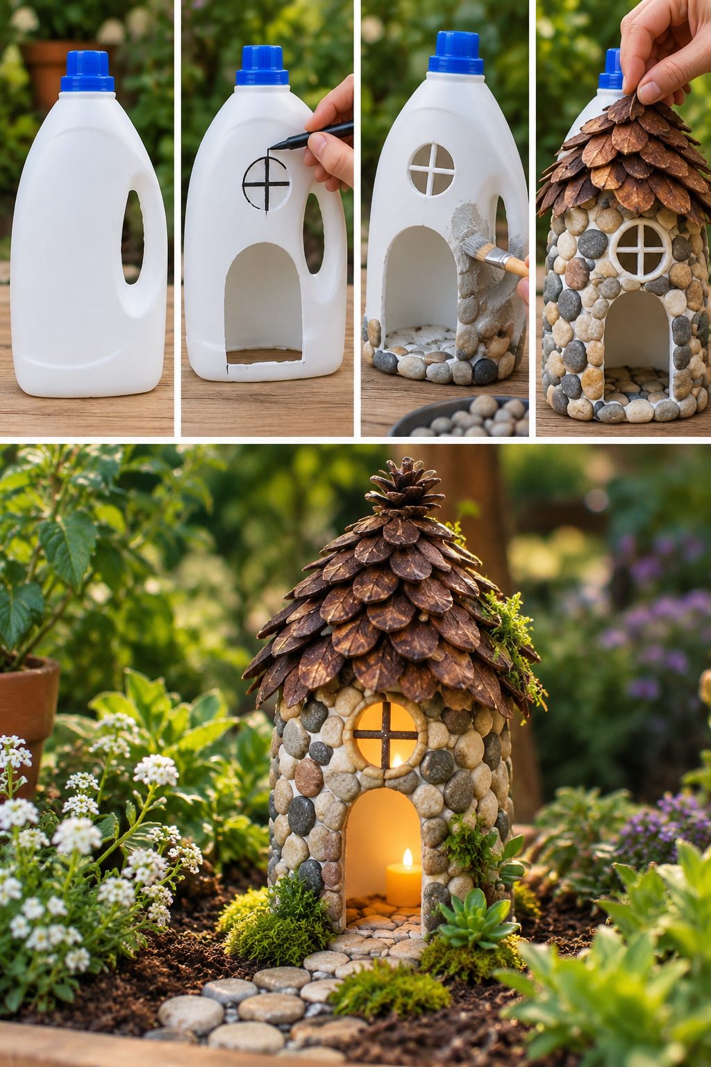 Convierte una botella de plástico en una casita mágica para tu jardín